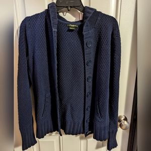 Eddie Bauer navy blue button up hooded sweater size medium
